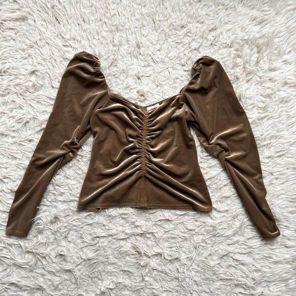 A.L.C. Chamberlain Ruched Long-Sleeve Square Neck Velvety Brown Top Size 10 NWOT - Picture 3 of 10